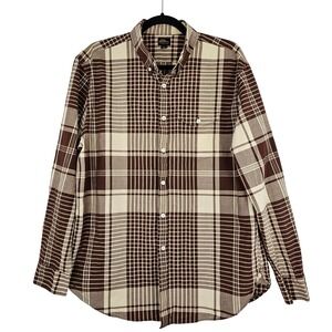 LL Bean Men's Large Brown Cream Plaid Button Down Cotton Shirt Long Sleeve